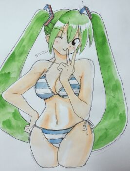 Rule 34 | 1girl, artist name, bikini, black eyes, breasts, cleavage, green hair, hand on own hip, hatsune miku, large breasts, long hair, navel, one eye closed, side-tie bikini bottom, sideboob, smile, striped bikini, striped clothes, swimsuit, tani gorira, traditional media, v, very long hair, vocaloid, wide hips, wink