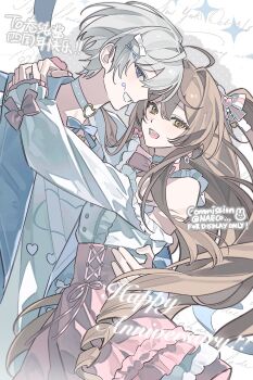 1boy 1girl ahoge aqua_jacket bow brown_hair choker earrings english_text evodtonaeco frills grey_hair hair_between_eyes hair_bow hair_intakes hair_ornament hairclip hetero highres hug jacket jewelry long_hair long_sleeves looking_at_viewer open_mouth original short_hair smile watermark