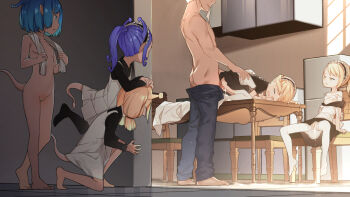 1boy 5girls after_vaginal aftersex age_difference antennae apron ass barefoot black_dress black_hairband black_pants black_shirt black_thighhighs blonde_hair blue_eyes blue_hair blvefo9 bra bra_lift bra_on_head breasts chair cleft_of_venus clothed_sex clothes_lift clothes_pull collarbone collared_shirt commentary_request cum cum_in_pussy cum_overflow cum_pool cum_string cumdrip doggystyle dress empty_eyes eyebrows facing_viewer feet frilled_apron frilled_hairband frills groin hairband half-closed_eyes hetero indoors jitome loli loli_harem looking_at_another low_twintails maid maid_apron maid_headdress monster_girl multiple_girls nipples no_shoes nude object_on_head off_shoulder on_chair on_table one_breast_out one_eye_closed open_mouth original pants pants_pull parted_lips peeking pointy_ears ponytail profile purple_hair pussy refrigerator sex sex_from_behind shirt short_hair short_sleeves short_twintails sitting sleeveless sleeveless_dress small_breasts spread_legs standing strap_slip table tablecloth tail teeth thighhighs toes topless_male towel towel_around_neck twintails uncensored underwear unworn_bra vaginal walking watching white_apron white_bra white_dress white_thighhighs yellow_eyes