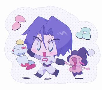 1boy ameya_(okemu_ame) black_gloves blue_hair blush chibi chimecho gen_3_pokemon gen_4_pokemon gloves highres james_(pokemon) mime_jr. nintendo open_mouth pokemon pokemon_(anime) pokemon_(creature) team_rocket team_rocket_uniform white_background xx_9_9_xx