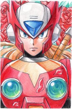 1boy android armor blonde_hair blue_eyes chest_jewel commentary_request flower forehead_jewel helmet hijiriiyaa krita_(medium) long_hair looking_at_viewer male_focus mega_man_(series) mega_man_x_(series) red_armor red_flower red_helmet red_rose rose traditional_media upper_body zero_(mega_man)