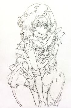 1girl absurdres bishoujo_senshi_sailor_moon boots bow bowtie brooch crystal_earrings earrings elbow_gloves gloves graphite_(medium) highres i4teruz jewelry knee_boots medium_hair one_eye_closed panties panty_peek pleated_skirt sailor_collar sailor_saturn sailor_senshi_uniform skirt smile solo star_brooch tomoe_hotaru traditional_media underwear