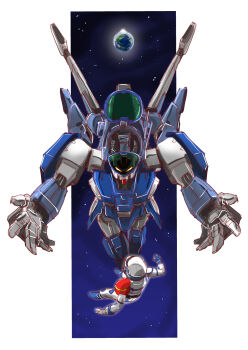 1boy aoki_ryuusei_spt_layzner asuka_eiji blue_gloves earth_(planet) floating gloves helmet highres layzner mecha mecha_focus pilot_suit planet robot science_fiction space taiga_hiroyuki yellow_eyes