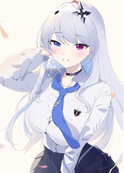 Rule 34 | 1girl, absurdres, black choker, black skirt, blue eyes, blue necktie, blush, breasts, choker, collared shirt, cross, cross-shaped pupils, cross hair ornament, grey hair, hair ornament, heterochromia, highres, inverted cross, large breasts, leaf, long hair, long sleeves, mattyazuki, necktie, neo-porte, pink eyes, pleated skirt, shirt, skirt, smile, solo, symbol-shaped pupils, teeth, tented shirt, tentei forte, tentei forte (2nd costume), virtual youtuber, white background, white shirt, wind