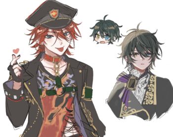 2boys amagi_rinne black_hair black_jacket blue_eyes ensemble_stars! hat heart heart_hands heterochromia highres jacket kagehira_mika long_sleeves looking_at_viewer male_focus multiple_boys red_hair short_hair sketch smile sushi_171 tongue tongue_out white_background yellow_eyes