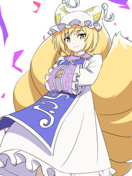 Rule 34 | 1girl, baasaku (balasaku24), blonde hair, blue tabard, closed mouth, collar, commentary, dress, feet out of frame, floating clothes, fox girl, fox tail, frilled collar, frilled dress, frills, hands in opposite sleeves, hat, highres, light frown, long sleeves, looking at viewer, mob cap, multiple tails, ofuda, purple collar, purple trim, short hair, simple background, solo, split mouth, tabard, tail, touhou, white background, white dress, white hat, wide sleeves, yakumo ran, yellow eyes