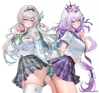 2girls alternate_costume ass black_bow black_hairband black_tiara blue_eyes blush bow bowtie breasts bright_pupils butterfly_earrings buttons castorice_(honkai:_star_rail) closed_mouth commentary_request cowboy_shot double-breasted earrings fingernails firefly_(honkai:_star_rail) firefly_(spring_missive)_(honkai:_star_rail) floating_hair flower from_side gradient_hair green_bow green_bowtie green_hair grey_hair grey_sailor_collar grey_skirt hair_between_eyes hair_bow hair_flower hair_ornament hairband hand_up highres honkai:_star_rail honkai_(series) jewelry large_breasts long_hair long_sleeves looking_at_viewer looking_to_the_side low_twintails machi_(machi0910) medium_breasts midriff miniskirt multicolored_hair multiple_girls nail_polish navel no_panties official_alternate_costume parted_lips pink_flower plaid_clothes plaid_skirt playing_with_own_hair pleated_skirt pointy_ears purple_bow purple_eyes purple_hair purple_nails purple_sailor_collar purple_skirt sailor_collar school_uniform serafuku shirt short_sleeves sidelocks simple_background skindentation skirt smile standing thighhighs thighs tiara twintails twitter_username white_background white_bow white_pupils white_shirt white_thighhighs