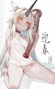 1girl absurdres animal_ears animal_penis black_horns blush breasts cleavage closed_mouth commentary_request dated dildo dress highres horns horse_ears horse_girl horse_penis long_hair looking_at_viewer medium_breasts nurami_(shouji) original panties penis sex_toy single_horn sleeveless sleeveless_dress smile solo sweat thighs underwear very_long_hair white_dress white_panties yellow_eyes