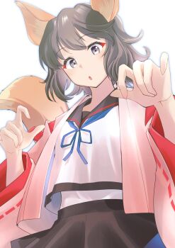 1girl absurdres animal_ears black_hair black_sailor_collar black_skirt blue_neckerchief brown_eyes commentary_request cowboy_shot fox_ears fox_tail highres kantai_collection miyuki_(kancolle) miyuki_(yokosuka)_(kancolle) miyuki_kai_ni_(kancolle) neckerchief pink_happi pleated_skirt sailor_collar school_uniform serafuku short_hair simple_background skirt solo tail tsukasa_(tukasa_br) white_background