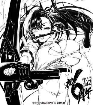 1girl anniversary arknights asymmetrical_bangs belt blush bow_(weapon) bra breasts cleavage commentary_request copyright_name covered_navel dated dress firing floating_hair gloves greyscale half-closed_eye high_belt highres horns izuru_(timbermetal) knife knife_in_mouth large_breasts long_hair looking_at_viewer monochrome mouth_hold official_artist_extra open_mouth recoil sharp_teeth slit_pupils smile solo teeth toddifons_(arknights) tongue torn_clothes torn_dress twintails underwear weapon white_background