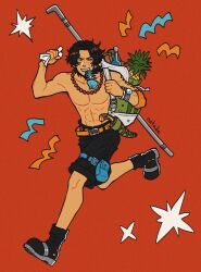 Rule 34 | 1boy, absurdres, apple pie, arm tattoo, artist name, bag, belt, black hair, black shorts, boots, bracelet, commentary, english commentary, fish in mouth, food, freckles, full body, highres, jewelry, knife, log pose, male focus, natade art, necklace, one piece, orange belt, pearl necklace, pie, portgas d. ace, pouch, red background, running, short hair, shorts, shoulder bag, solo, tattoo, thigh pouch, topless male
