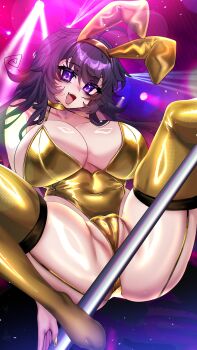 Rule 34 | 1girl, absurdres, ahoge, animal ear hairband, animal ears, blush, breasts, cameltoe, commentary, crawling dreams, curvy, english commentary, fake animal ears, fang, foot out of frame, gold hairband, gold leotard, gold thighhighs, hair between eyes, hairband, highres, huge breasts, leotard, long hair, looking at viewer, no shoes, nyarla (osiimi), open mouth, osiimi, partially visible vulva, playboy bunny, pole, purple eyes, purple hair, rabbit ear hairband, rabbit ears, skindentation, smile, solo, spread legs, stripper pole, thick thighs, thighs