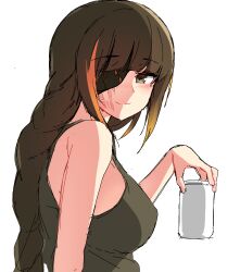 Rule 34 | 1girl, alcohol, bare shoulders, beer can, black hair, black shirt, black tank top, blonde hair, blunt bangs, blush, braid, braided ponytail, breasts, brown eyes, can, closed mouth, commentary, drink, drink can, eyepatch, girls&#039; frontline, gradient hair, hair over shoulder, half-closed eyes, hand up, head tilt, highres, holding, holding can, holding drink, large breasts, leaning, leaning to the side, long hair, looking at viewer, m16a1 (girls&#039; frontline), mole, mole under eye, multicolored hair, ndgd, orange hair, parted bangs, scar, scar across eye, shirt, side braid, side ponytail, sidelocks, simple background, sleeveless, sleeveless shirt, smile, solo, streaked hair, tank top, very long hair, white background
