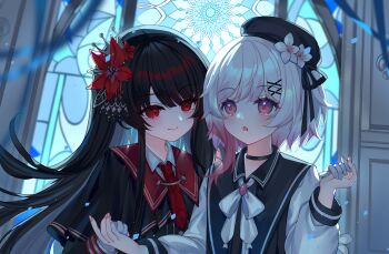 Rule 34 | 2girls, :o, beret, binan xian lu, black capelet, black hair, black hat, black ribbon, blurry, blurry foreground, blush, capelet, closed mouth, collared shirt, commentary request, crown hair ornament, depth of field, flower, gloves, gradient hair, hair flower, hair ornament, hat, highres, holding hands, indoors, long hair, long sleeves, mahou shoujo no majo saiban, multicolored hair, multiple girls, necktie, nikaido hiro, parted lips, pink hair, puffy long sleeves, puffy sleeves, red eyes, red flower, red necktie, ribbon, sakuraba ema, shirt, smile, stained glass, upper body, very long hair, white flower, white gloves, white hair, white shirt