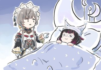 2girls blanket closed_eyes closed_mouth columbina_(genshin_impact) detached_sleeves dress genshin_impact gloves highres long_sleeves looking_at_another multiple_girls on_bed parted_lips pillow pointing pointing_at_another sandrone_(genshin_impact) sleeping smile white_gloves xinzoruo