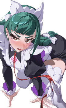 2girls absurdres apron arched_back blush bow braid brown_eyes commentary eyelashes green_hair hair_bow highres holding holding_leash leash lebanne_(pokemon) long_hair long_sleeves multiple_girls ninebell nintendo open_mouth pet_play pokemon pokemon_legends:_z-a puffy_sleeves sweat teeth thighhighs upper_teeth_only white_apron white_bow white_thighhighs