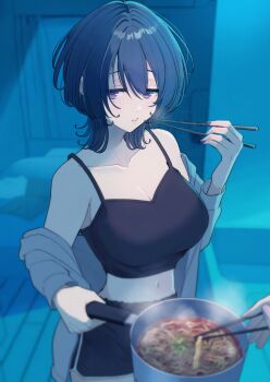 2girls :t bare_shoulders bed black_hair black_shirt black_shorts black_tank_top breasts bunsai chopsticks cleavage closed_mouth collarbone commentary_request cooking_pot crop_top dolphin_shorts eating food grey_jacket hair_between_eyes hand_up highres holding holding_chopsticks holding_cooking_pot indoors jacket large_breasts long_hair looking_at_viewer midriff multiple_girls nail_polish navel night noodles off_shoulder original out_of_frame purple_eyes purple_nails shirt short_shorts shorts sidelocks solo_focus standing tank_top thighs watermark wolf_cut