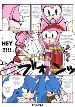 1boy 2girls amy_rose blue_fur blue_hair blush boots bottomless bracelet breasts brown_scarf censored clothes_lift clothes_pull covering_crotch covering_nipples covering_privates dress embarrassed english_text eyelashes furry green_eyes groin hairband hammer highres jewelry knees laughing legs long_eyelashes multiple_girls multiple_views no_panties no_underwear nude pink_fur pink_hair purple_legwear purple_socks purple_thighhighs red_dress red_hairband red_shoes scarf sega sequential shoes skirt skirt_lift skirt_pull small_breasts smile sneakers socks sonic_(series) sonic_boom_(series) sonic_the_hedgehog sweat tail tears thighhighs toy_hammer white_legwear white_socks