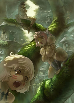6+girls amazon_warrior ankle_cuffs anklet arm_support bad_id bad_pixiv_id bandages bare_shoulders barefoot breasts brown_eyes cleavage dappled_sunlight dark facepaint fang fangs feet forest fundoshi highres in_tree japanese_clothes jewelry jungle large_breasts multiple_girls nature open_mouth original pink_hair purple_hair scenery shade shed short_hair sitting sitting_in_tree squatting sunlight takeda_kanryuusai tree tribal underboob v_arms white_hair