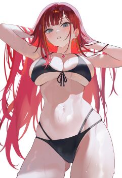 1girl absurdres akane_lize arms_up bikini black_bikini blonde_hair breasts clenched_teeth cross cross_earrings earrings grey_eyes highres jewelry looking_at_viewer mole mole_under_eye multicolored_hair nbee_ya necklace red_hair simple_background stellive streaked_hair swimsuit teeth virtual_youtuber wet white_background