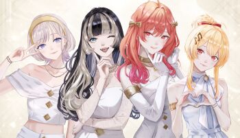 4girls ;d ahoge alternate_costume alternate_hairstyle armlet bare_shoulders beamed_eighth_notes black_hair blonde_hair blue_eyes blunt_bangs bow bracelet breasts closed_mouth collarbone commentary_request dhbwinner double-parted_bangs dress eighth_note elbow_gloves eyelashes fangs flat_chest fortissimo gloves grey_hair hair_between_eyes hair_bow hair_bun hair_ornament hairband hairclip halter_dress halterneck hand_up heart heart_hands highres hime_cut hololive hololive_dev_is ichijou_ririka jewelry juufuutei_raden lace_dress long_hair long_sleeves looking_at_viewer medium_breasts medium_hair midriff multicolored_hair multiple_girls musical_note musical_note_hair_ornament navel necklace off-shoulder_shirt off_shoulder one_eye_closed open_mouth otonose_kanade parted_lips pink_eyes pink_hair purple_eyes purple_streaks red_bow red_eyes regloss_(hololive) shirt short_hair short_hair_with_long_locks sidelocks simple_background single_hair_bun sleeveless sleeveless_dress small_breasts smile streaked_hair teeth todoroki_hajime two-tone_hair upper_body upper_teeth_only v virtual_youtuber white_dress white_gloves white_shirt yellow_hairband