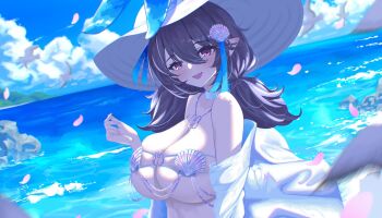 1girl bikini bird blush breasts brown_dust_(series) brown_dust_2 cleavage eyebrows_hidden_by_hair from_side hair_between_eyes hat highres jacket large_breasts loen_(brown_dust_2) looking_at_viewer medium_hair megumi_kei ocean open_mouth pointy_ears purple_eyes purple_hair seagull shell shell_bikini short_twintails skindentation smile solo sun_hat swimsuit teeth twintails upper_teeth_only white_hat white_jacket
