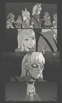 6+girls aiguillette animal_ears armor ascot blunt_bangs bow breasts clothing_cutout commentary corset cosplay crown dress ear_bow ear_ornament ear_piercing ear_ribbon ears_through_headwear english_commentary epaulettes gold_ship_(umamusume) greyscale hair_between_eyes hair_ornament hairclip hat highres holding_another&#039;s_arm horse_ears horse_girl horse_tail jacket leather leather_jacket long_hair long_sleeves looking_at_another matikanetannhauser_(panpaka_tiltott)_(umamusume) matikanetannhauser_(umamusume) medium_hair mejiro_mcqueen_(umamusume) michael_jackson michael_jackson_(cosplay) mini_crown monochrome moon multicolored_hair multiple_girls newsboy_cap night night_sky open_clothes open_jacket open_mouth pantyhose piercing pillbox_hat ponytail scene_reference shirt short_hair shoulder_armor shoulder_cutout side_cape single_epaulette skirt sky streaked_hair symboli_rudolf_(emperor&#039;s_path)_(umamusume) symboli_rudolf_(umamusume) t.m._opera_o_(o_sole_suo!)_(umamusume) t.m._opera_o_(umamusume) tail thriller_(michael_jackson) tilted_headwear tokai_teio_(peak_joy)_(umamusume) tokai_teio_(umamusume) two-tone_hair two-tone_skirt tyrone umamusume zombie