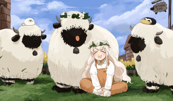1girl absurdres animal bird blue_sky capybara_keeper_(diva) closed_eyes commentary day diva_(hyxpk) donut_stamp duck english_commentary english_text flower_wreath grass grey_hair hat head_wreath highres indian_style on_ground orange_overalls outdoors overalls penguin_hat sheep shirt sign sitting sky smile stuffed_seal tongue tongue_out white_shirt zoo zookeeper zookeepers_(diva)