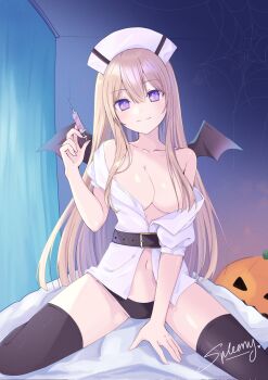 belt blonde_hair colorful commentary demon_girl hair_between_eyes hashtag-only_commentary hat highres kuozaki_saika long_hair nurse nurse_cap ou-sama_no_propose pumpkin shirt spleeny thighhighs tsunako white_shirt wings