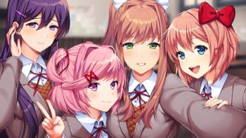 4girls :d arm_up blazer blue_eyes blue_skirt blush bow breasts brown_hair closed_eyes closed_mouth collared_shirt commentary copyright_name cowboy_shot doki_doki_literature_club doki_doki_literature_club_school_uniform facing_viewer fang green_eyes grey_jacket hair_bow hair_ornament happy holding holding_paintbrush jacket large_breasts leaning_forward locked_arms long_hair long_sleeves looking_at_viewer medium_breasts monika_(doki_doki_literature_club) multiple_girls natsuki_(doki_doki_literature_club) neck_ribbon official_art one_eye_closed open_clothes open_jacket open_mouth paintbrush picture pink_eyes pink_hair pleated_skirt ponytail purple_eyes purple_hair red_bow red_ribbon ribbon round_teeth satchely sayori_(doki_doki_literature_club) school_uniform shirt short_hair sidelocks simple_background skirt small_breasts smile standing tareme teeth two_side_up unbuttoned v v_arms very_long_hair white_background white_bow white_shirt wing_collar yuri_(doki_doki_literature_club)