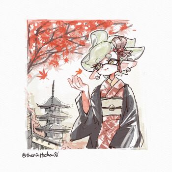 Rule 34 | 1girl, artist name, border, bow-shaped hair, bright pupils, closed mouth, commentary, earrings, english commentary, eyelashes, falling leaves, green hair, gucandiyi52092, inkling, japanese clothes, jewelry, kimono, leaf, marie (splatoon), nintendo, pointy ears, red kimono, short eyebrows, short hair, smile, solo, splatoon (series), standing, tentacle hair, thick eyebrows, twitter username, white border, white pupils, yellow eyes