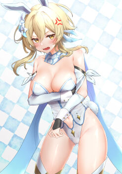 1girl absurdres anger_vein angry arm_cutout arm_under_breasts bare_shoulders blonde_hair blue_background blush breasts cameltoe chumugi cleavage clothing_cutout feather_hair_ornament feathers flower genshin_impact hair_between_eyes hair_flower hair_intakes hair_ornament half-closed_eyes highres large_breasts lily_(flower) looking_at_viewer lumine_(genshin_impact) medium_hair open_mouth parted_bangs playboy_bunny rabbit_tail scarf scowl sidelocks solo thighhighs thighs white_background white_scarf white_thighhighs yellow_eyes