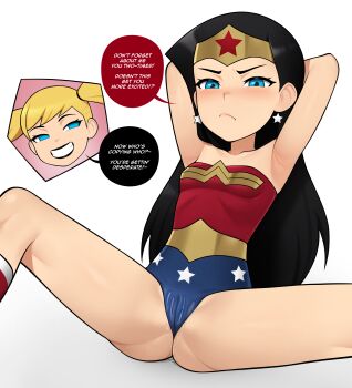 2girls absurdres aged_down armpits arms_behind_head black_hair blue_eyes cameltoe dc_comics earrings english_text harley_quinn highres jewelry justice_league loli long_hair loodncrood multiple_girls speech_bubble spread_legs star_(symbol) star_earrings tagme twintails wonder_woman