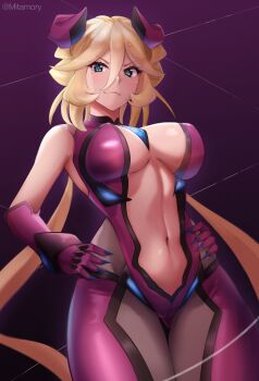 1girl absurdres aged_up blonde_hair blue_eyes blush bodysuit breasts carol_malus_dienheim center_opening elbow_gloves gloves hair_between_eyes hands_on_own_hips highres long_hair looking_at_viewer mitamory mole mole_under_eye navel purple_bodysuit purple_gloves senki_zesshou_symphogear shiny_skin skin_tight smile standing twintails wire