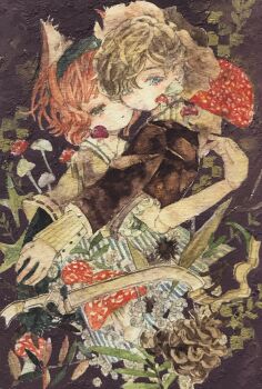 Rule 34 | 2girls, absurdres, acrylic paint (medium), animal ears, blue eyes, brown hair, close-up, closed mouth, commentary request, fox ears, from side, hat, highres, karintoun, long sleeves, looking at viewer, medium hair, multiple girls, mushroom, original, painting (medium), plant, red hair, ribbon, short hair, skirt, striped clothes, striped skirt, traditional media, watercolor (medium)