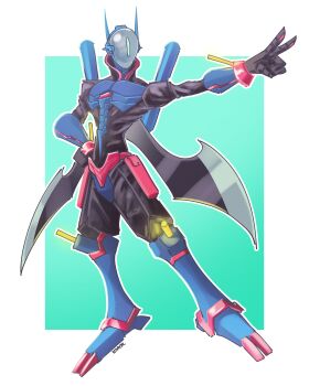 absurdres armor black_bodysuit blue_armor bodysuit border digimon digimon_(creature) full_body green_background helmet highres nightchiropmon notaventura simple_background solo v white_border wings