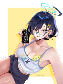 1girl absurdres animal_print bare_arms bare_shoulders black_hair black_skirt blue-framed_eyewear blue_archive blue_halo blush breasts chihiro_(blue_archive) cleavage closed_mouth clothes_lift coffee commentary_request drink glasses green_eyes hair_between_eyes halo highres holding holding_drink large_breasts looking_at_viewer matchacha rabbit_print semi-rimless_eyewear short_hair skirt skirt_lift smile solo tank_top tongue tongue_out white_tank_top