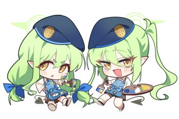 2girls :d apron beret black_tail blue_apron blue_archive blue_hat blush chibi chibi_only dan_nako demon_tail fang green_hair green_halo halo hat highlander_railway_academy_logo hikari_(blue_archive) holding holding_brush holding_paint_palette holding_paintbrush long_hair looking_at_viewer multiple_girls nozomi_(blue_archive) open_mouth paint paint_on_clothes paint_palette paint_splatter paint_splatter_on_face paintbrush pointy_ears siblings simple_background sisters skin_fang smile tail twins twintails white_background yellow_eyes