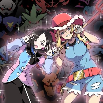 2girls :o ;o ahoge arm_tattoo belt belt_buckle black_hair black_skirt blastoise blonde_hair blue_eyes blue_overalls breasts buckle buttons charizard commentary_request earrings eyelashes flower_earrings garchomp gen_1_pokemon gen_2_pokemon gen_4_pokemon gen_5_pokemon gen_6_pokemon gloves grin gyarados hands_up hat highres holding holding_pitchfork hydreigon jacket jewelry kitt_(pokemon) long_sleeves multiple_girls nintendo one_eye_closed open_mouth overalls pangoro pitchfork pokemon pokemon_(creature) pokemon_champions red_belt skirt smile sparkle tatora_(pokemon) tattoo teeth tyranitar upper_teeth_only wankosobatarou