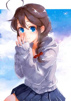 1girl ahoge black_skirt blue_eyes blue_sky braid brown_hair cloud cowboy_shot grey_sweater hair_flaps hair_over_shoulder highres hikarinoilst hood hooded_sweater kantai_collection long_hair pleated_skirt shigure_(kancolle) shigure_kai_ni_(kancolle) single_braid skirt sky solo steepled_fingers sweater