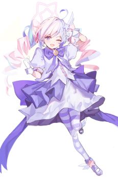 1girl absurdres ahoge blue_archive blush bow bowtie breasts brooch commentary_request dress drill_hair feather_hair_ornament feathers full_body ggab0621 gloves hair_ornament halo highres jewelry layered_skirt long_hair looking_at_viewer multicolored_hair one_eye_closed open_mouth pantyhose pink_hair puffy_short_sleeves puffy_sleeves purple_eyes purple_hair purple_pantyhose purple_shirt purple_skirt reisa_(blue_archive) reisa_(magical)_(blue_archive) shirt short_sleeves skirt small_breasts smile solo star_(symbol) star_hair_ornament streaked_hair striped_clothes striped_pantyhose twin_drills twintails white_dress white_gloves white_pantyhose wrist_cuffs