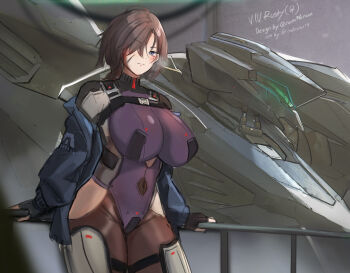 absurdres armored_core armored_core_vi:_fires_of_rubicon assault_visor breasts brown_hair fromsoftware genderswap genderswap_(mtf) highres machinery mecha mecha_focus mecha_pilot_suit mobius_(mobiusu14) robot scar science_fiction v.iv_rusty