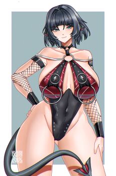 1girl alternate_breast_size_(larger) animal_ears artist_logo bare_shoulders black_choker black_hair black_one-piece_swimsuit border breasts breasts_apart casual_one-piece_swimsuit choker chromatic_aberration closed_mouth collarbone commentary covered_navel cowboy_shot detached_sleeves english_commentary fishnet_sleeves fishnets gluteal_fold grey_background grey_eyes groin hair_between_eyes halterneck hand_on_own_hip hand_on_own_thigh highleg highleg_one-piece_swimsuit highres huge_breasts jane_doe_(nocturne_of_light)_(zenless_zone_zero) jane_doe_(zenless_zone_zero) light_blush logo long_hair long_sleeves looking_at_viewer mouse_ears mouse_girl mouse_tail muhammaddeny o-ring o-ring_choker o-ring_swimsuit official_alternate_costume one-piece_swimsuit outside_border red_one-piece_swimsuit sharp_tail simple_background smile solo standing swimsuit tail two-tone_one-piece_swimsuit white_border zenless_zone_zero