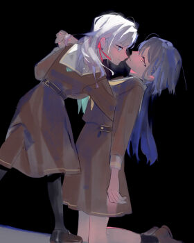 Rule 34 | 2girls, absurdres, aqua neckerchief, black background, black pantyhose, black shoes, black socks, blue eyes, brown dress, brown shoes, ceras yanagida lilienfeld, closed mouth, commentary, dress, edel note, eye contact, foot out of frame, full body, grabbing another's hand, grey hair, hair ornament, hair ribbon, hasu no sora school uniform, highres, jellyfish cut, katsuragi izumi, kneeling, link! like! love live!, loafers, long hair, long sleeves, looking at another, love live!, mary janes, medium dress, multiple girls, neckerchief, orange eyes, pantyhose, parted lips, pipi (m1x mix), pleated dress, profile, purple eyes, red ribbon, ribbon, sailor collar, sailor dress, school uniform, shoes, simple background, socks, triangle hair ornament, virtual youtuber, white sailor collar, winter uniform, yellow neckerchief