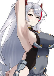 Rule 34 | 1girl, absurdres, armpits, azur lane, breasts, closed mouth, grey shirt, half-closed eyes, highres, large breasts, looking at viewer, mole, mole on breast, orange eyes, presenting armpit, prinz eugen (azur lane), shirakawa (user yjns8527), shirt, simple background, sleeveless, smile, solo, textless version, white background, white hair