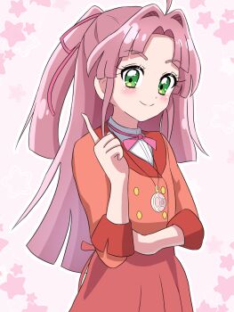 Rule 34 | 1girl, ahoge, blazer, blunt bangs, blunt ends, blush, buttons, closed mouth, commentary, crossed arms, double-breasted, gold buttons, gradient background, green eyes, hair intakes, hair ribbon, hand up, highres, index finger raised, jacket, jewelry, kei yunokawa, kobayashi mikuru, long hair, long sleeves, looking at viewer, meitantei precure!, neck ribbon, outline, parted bangs, pendant, pink background, pink hair, pink ribbon, pleated skirt, precure, red jacket, red skirt, ribbon, school uniform, shirt, sidelocks, skirt, smile, solo, split mouth, star (symbol), star symbol background, thick eyebrows, three-quarter sleeves, two side up, upper body, white outline, white shirt
