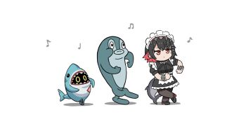 1girl 2others apron black_hair black_pantyhose black_shoes bracelet chibi colored_inner_hair commentary_request crossed_legs crossover dancing ear_piercing ellen_joe fins fish fish_tail full_body hair_between_eyes hair_ornament hairclip high_heels highres jewelry looking_afar maid maid_apron maid_headdress multicolored_hair multiple_others musical_note pantyhose piercing red_eyes scene_reference shark_girl shark_tail sharkboo_(zenless_zone_zero) shoes short_hair short_sleeves simple_background standing standing_on_one_leg tail tom_and_jerry two-tone_hair waist_apron washin white_apron white_background zenless_zone_zero