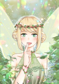 1girl absurdres bare_shoulders beads blonde_hair bracelet collarbone commentary_request dated day detached_sleeves dot_nose double_bun dress eyelashes eyeshadow fairy fairy_wings finger_to_mouth forest green_dress green_eyes green_eyeshadow green_ribbon green_sleeves green_theme green_wings hair_beads hair_bun hair_ornament halter_dress halterneck happy head_wreath highres jewelry lace_dress leaf leaf_bracelet light_blush light_particles lipstick looking_at_viewer makeup nature neck_ribbon nikki_(series) open_mouth outdoors outline puffy_short_sleeves puffy_sleeves red_lips ribbon see-through_clothes see-through_sleeves shining_nikki short_hair short_sleeves sidelocks signature smile solo straight-on stylist_(nikki) swept_bangs teeth upper_body upper_teeth_only white_outline wings yang_mai