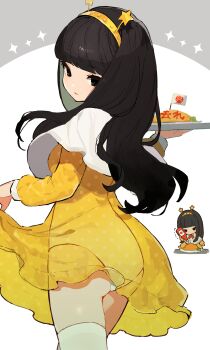 1girl absurdres ass black_eyes black_hair breasts capelet chibi chibi_inset commentary_request cowboy_shot dress food from_behind gnosia headband highres hime_cut holding holding_plate leotard long_hair long_sleeves looking_at_viewer medium_breasts omelet omurice plate polka_dot polka_dot_dress see-through_clothes see-through_dress solo surround_sara_udon thighhighs white_capelet white_leotard white_thighhighs yellow_dress yellow_headband yuriko_(gnosia)