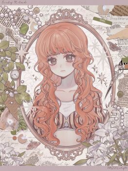 animification black_eyes blush bug cropped_shirt flower framed frown gem green_gemstone head_tilt highres insect k-pop key lily_(flower) lily_(nmixx) long_hair moth name_connection name_tag nmixx o_bianyi_didi_shu_o object_namesake orange_hair photo_inset pocket_watch real_life ribbed_shirt shirt striped_clothes striped_shirt watch white_flower white_gemstone white_shirt